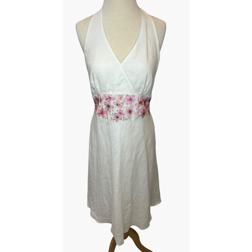 Ann Taylor Y2K Ivory Linen Floral Embroidered Halter Mini Dress Size 8 Coquette - Picture 2 of 15